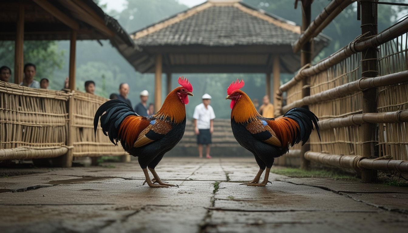 Dua ayam jantan saling berhadapan di halaman desa, sementara beberapa orang mengamati dari kejauhan.