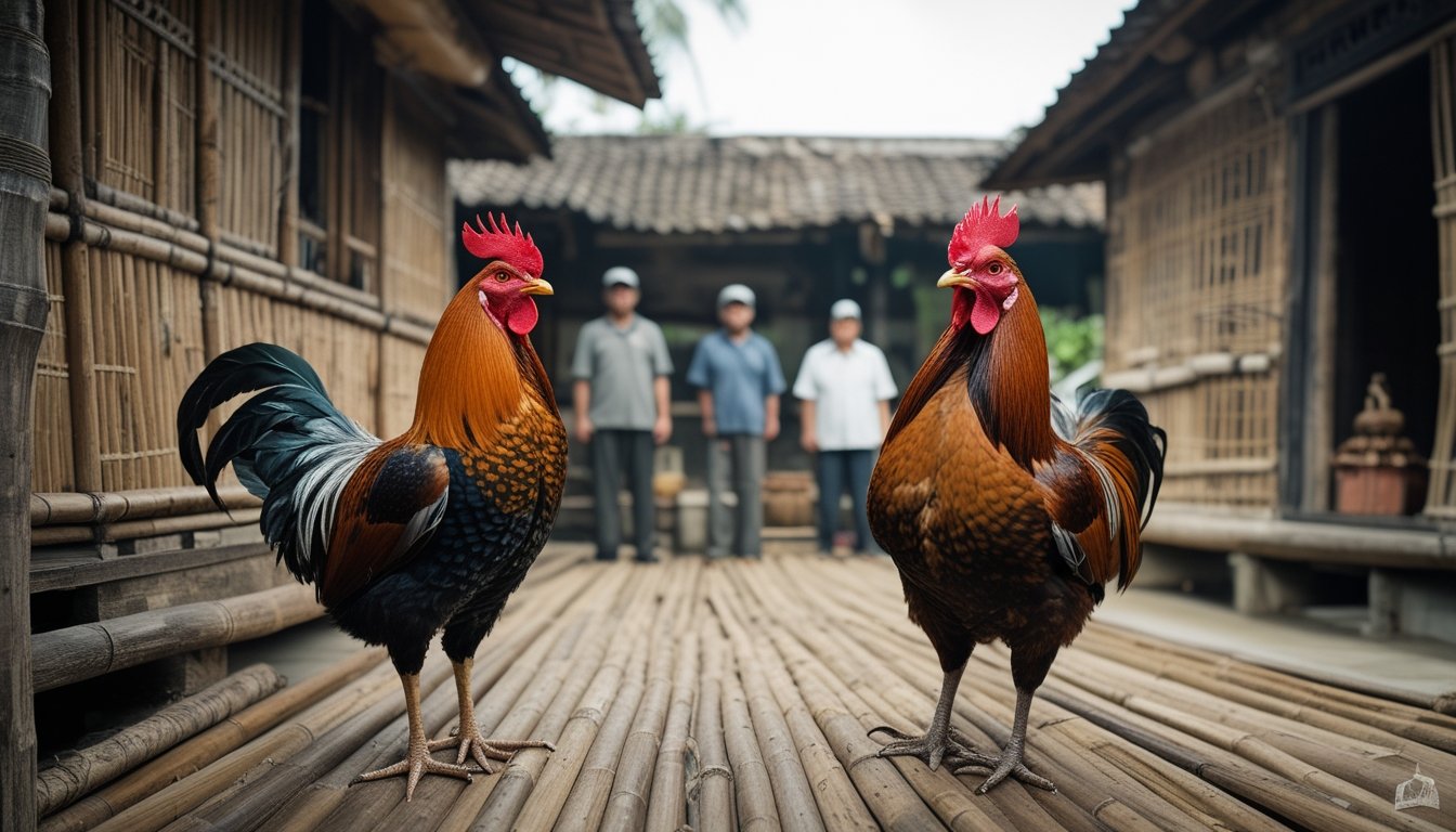 Dua ayam jantan berdiri di halaman desa sementara beberapa warga mengamatinya.
