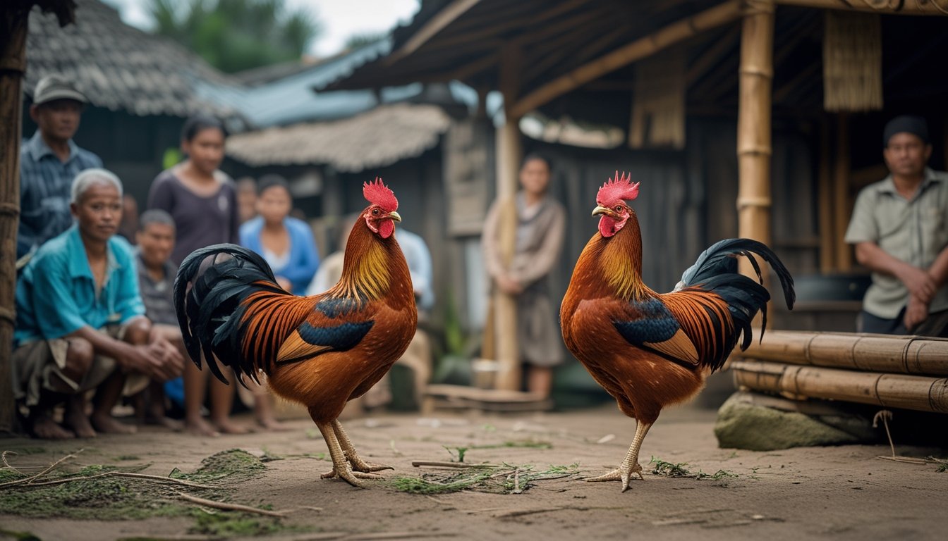 Warga berkumpul di halaman desa sambil mengamati dua ayam jantan.