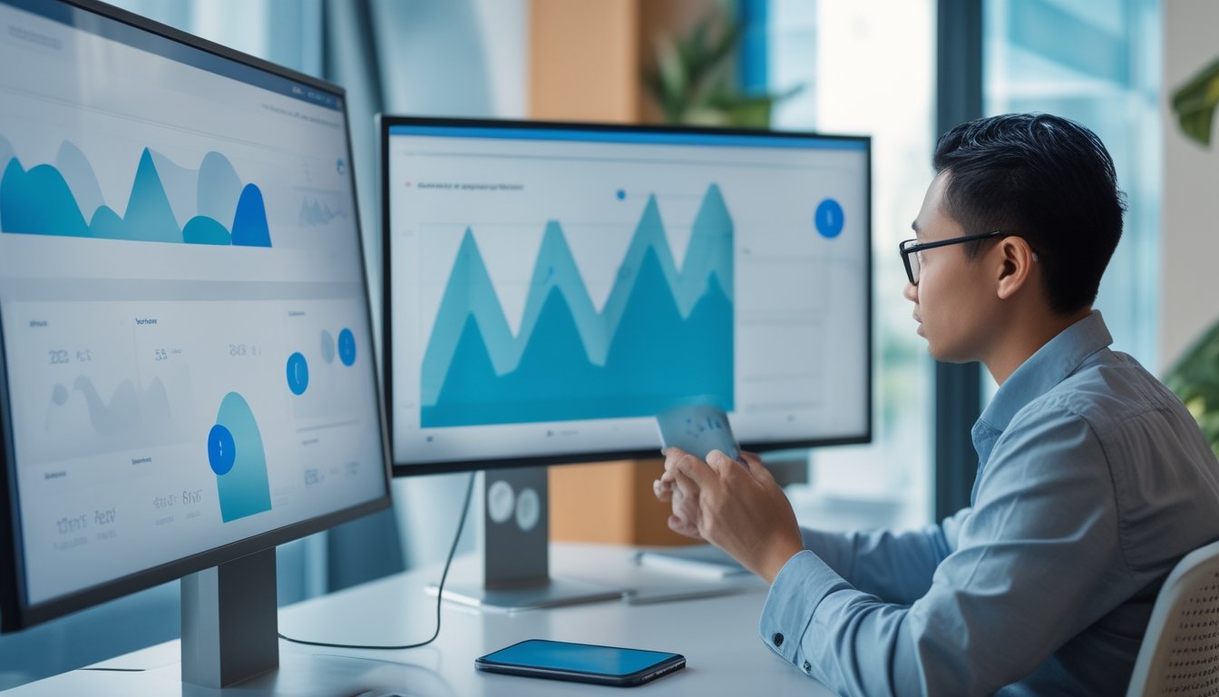 Seorang analis meninjau grafik digital pada layar komputer dan tablet.