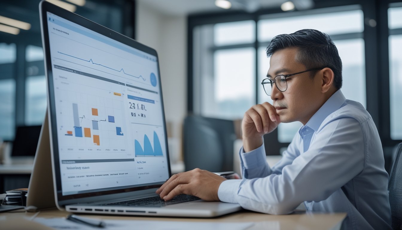 Seorang analis mengamati grafik abstrak pada laptop di ruang kerja modern.