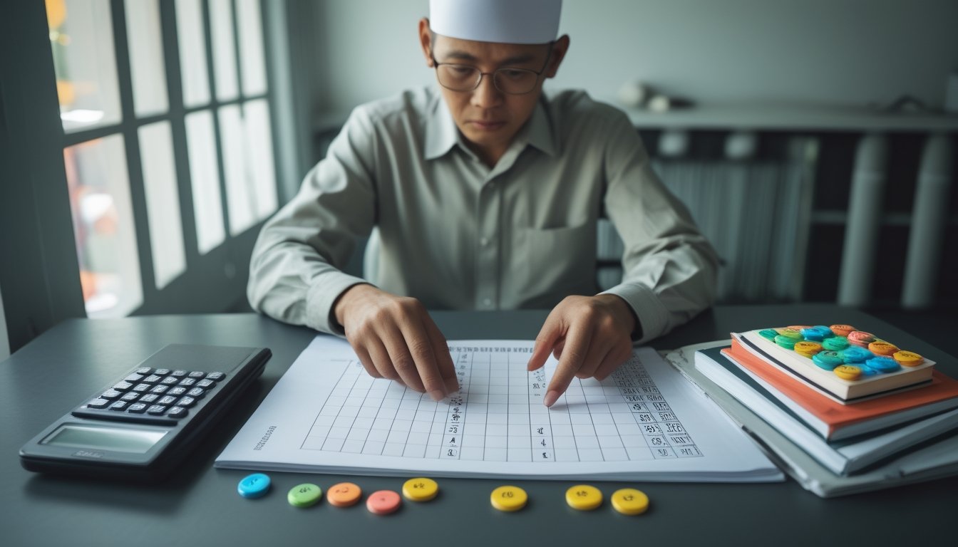 Seseorang mempelajari lembar kisi angka di meja dengan kalkulator dan buku catatan.