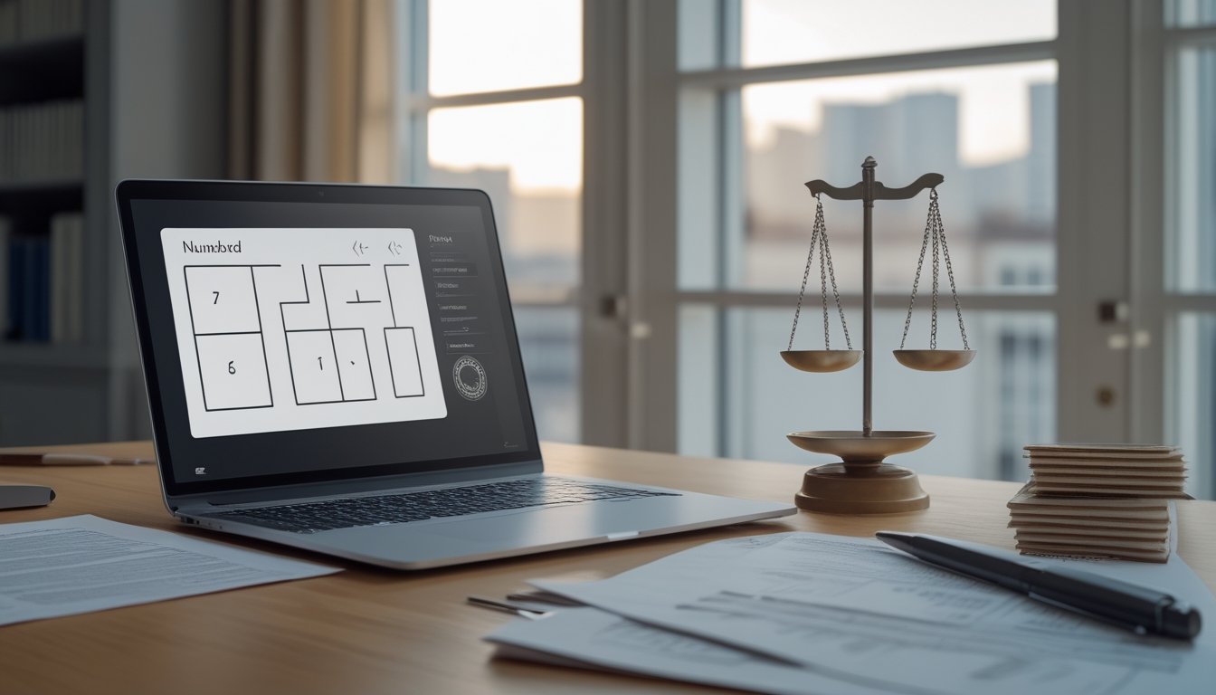 Laptop tertutup, dokumen hukum, dan timbangan di atas meja dekat jendela gedung pemerintahan.