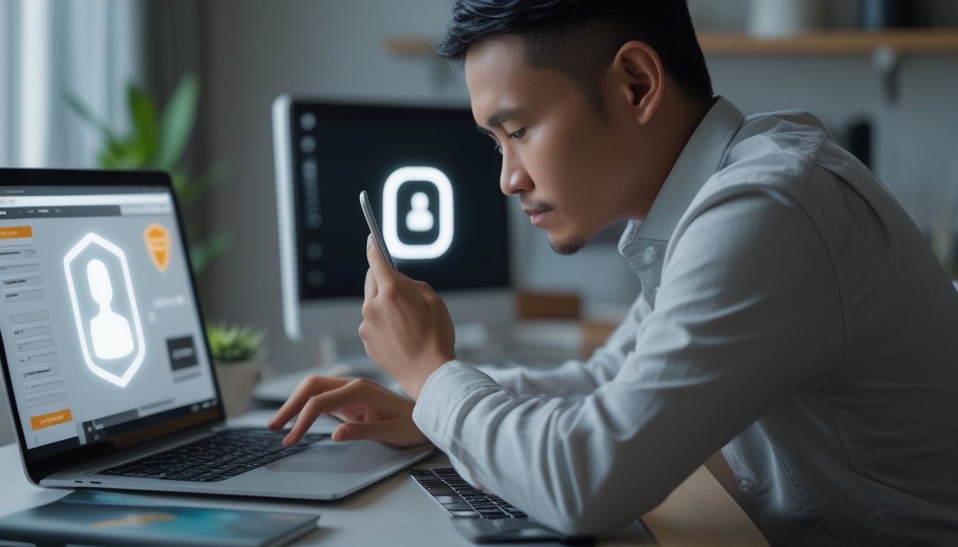 Seseorang memeriksa ponsel dengan hati-hati di depan laptop sebelum melakukan transaksi digital.