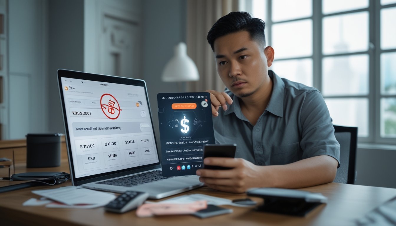 Seseorang memeriksa ponsel dan laptop dengan ekspresi khawatir, di samping kartu pembayaran dan kalkulator.