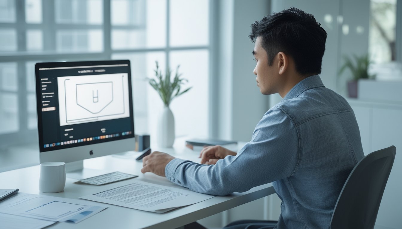 Seorang pengguna dewasa meninjau dokumen di laptop pada meja kerja.
