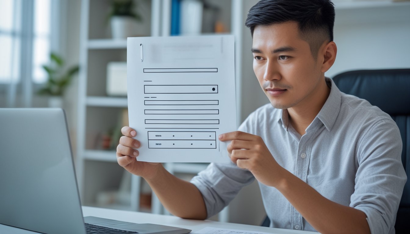 Seseorang memeriksa formulir dan dokumen di depan laptop.