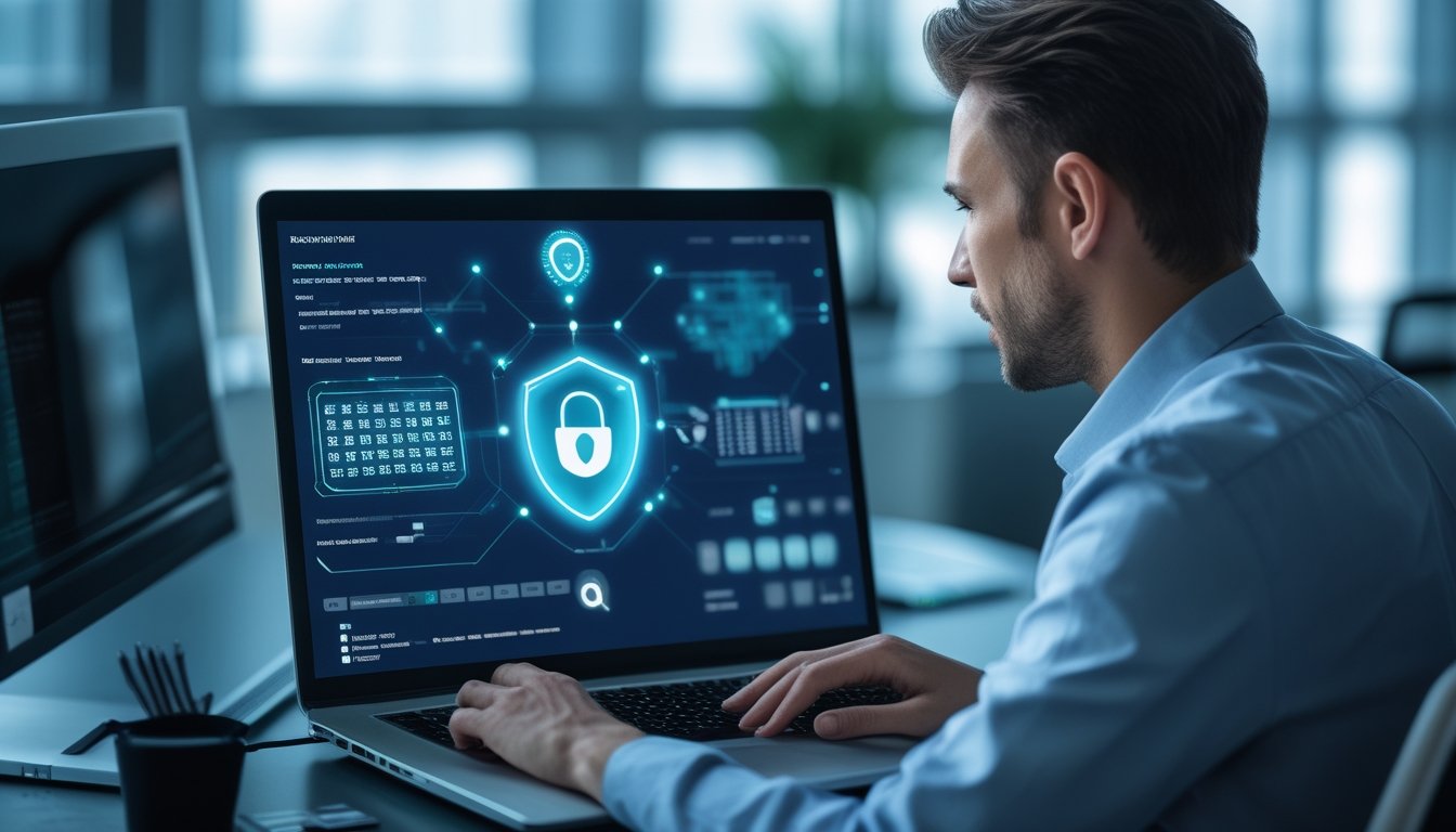 Seorang profesional memantau keamanan platform online melalui laptop.