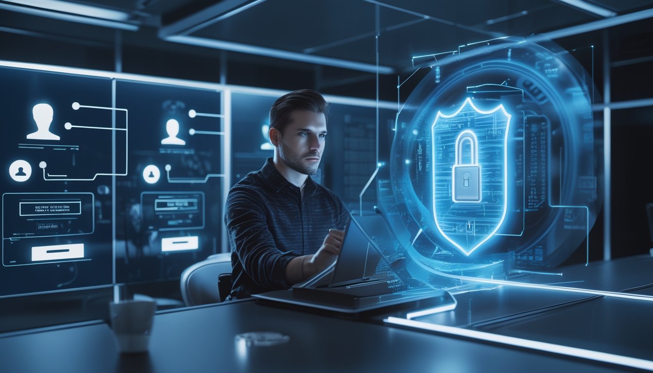 Seorang profesional memantau sistem keamanan digital yang melindungi data pengguna dan transaksi.