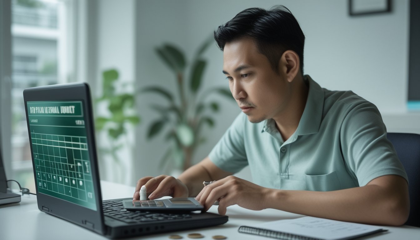 Seseorang meninjau anggaran di laptop dengan kalkulator dan buku catatan di meja.