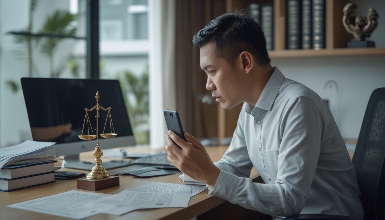 Seseorang meninjau dokumen hukum sambil memegang ponsel di ruang kerja.