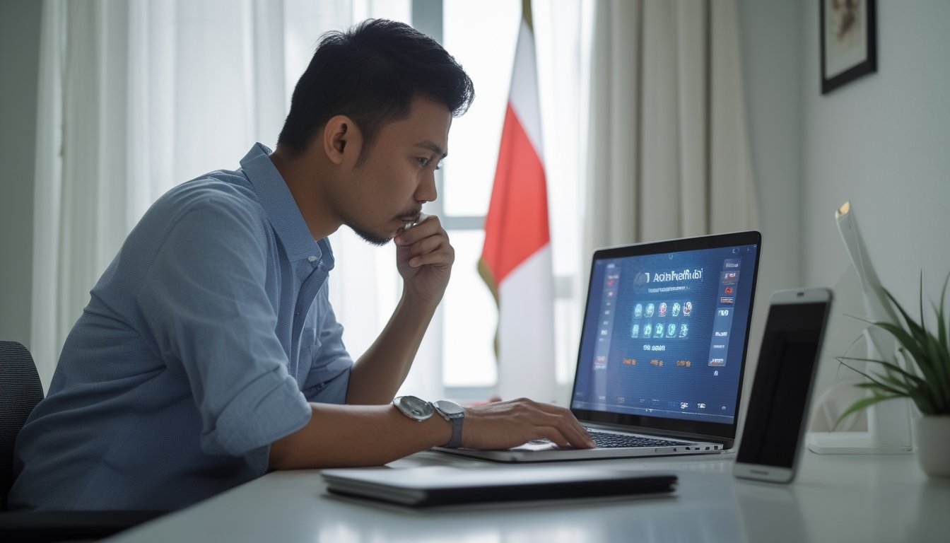 Seorang dewasa Indonesia menatap laptop di meja dengan ekspresi serius.