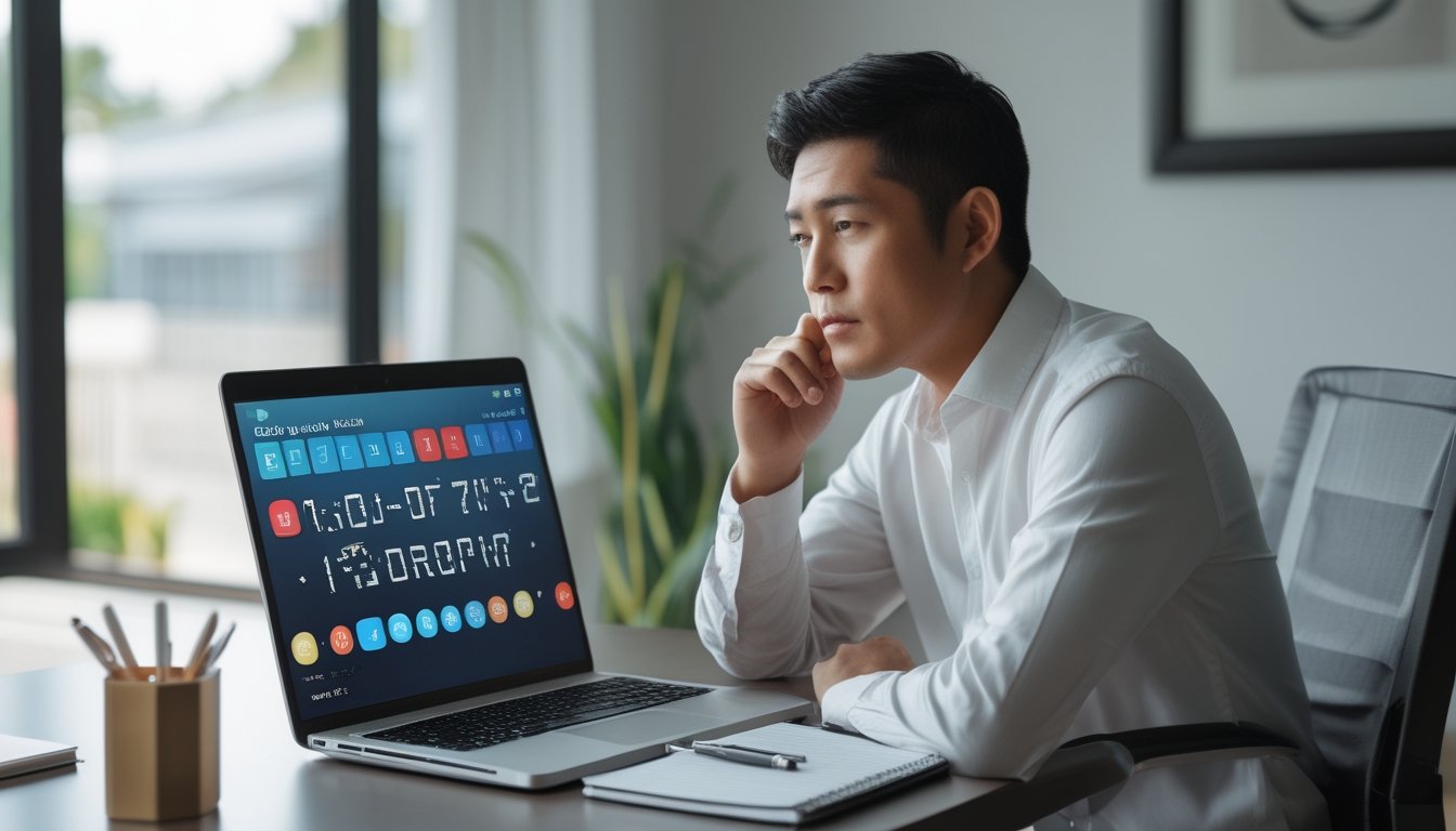 Seorang dewasa duduk di meja sambil menatap laptop dan mempertimbangkan pilihannya.