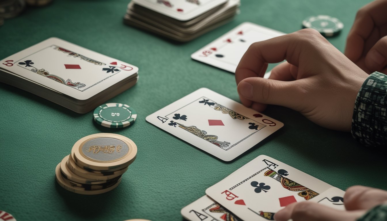 Dua kartu permainan dan beberapa keping taruhan tersusun di atas meja hijau.