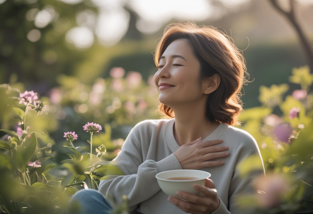 A woman smiles peacefully in a sunlit garden. how to be happy
