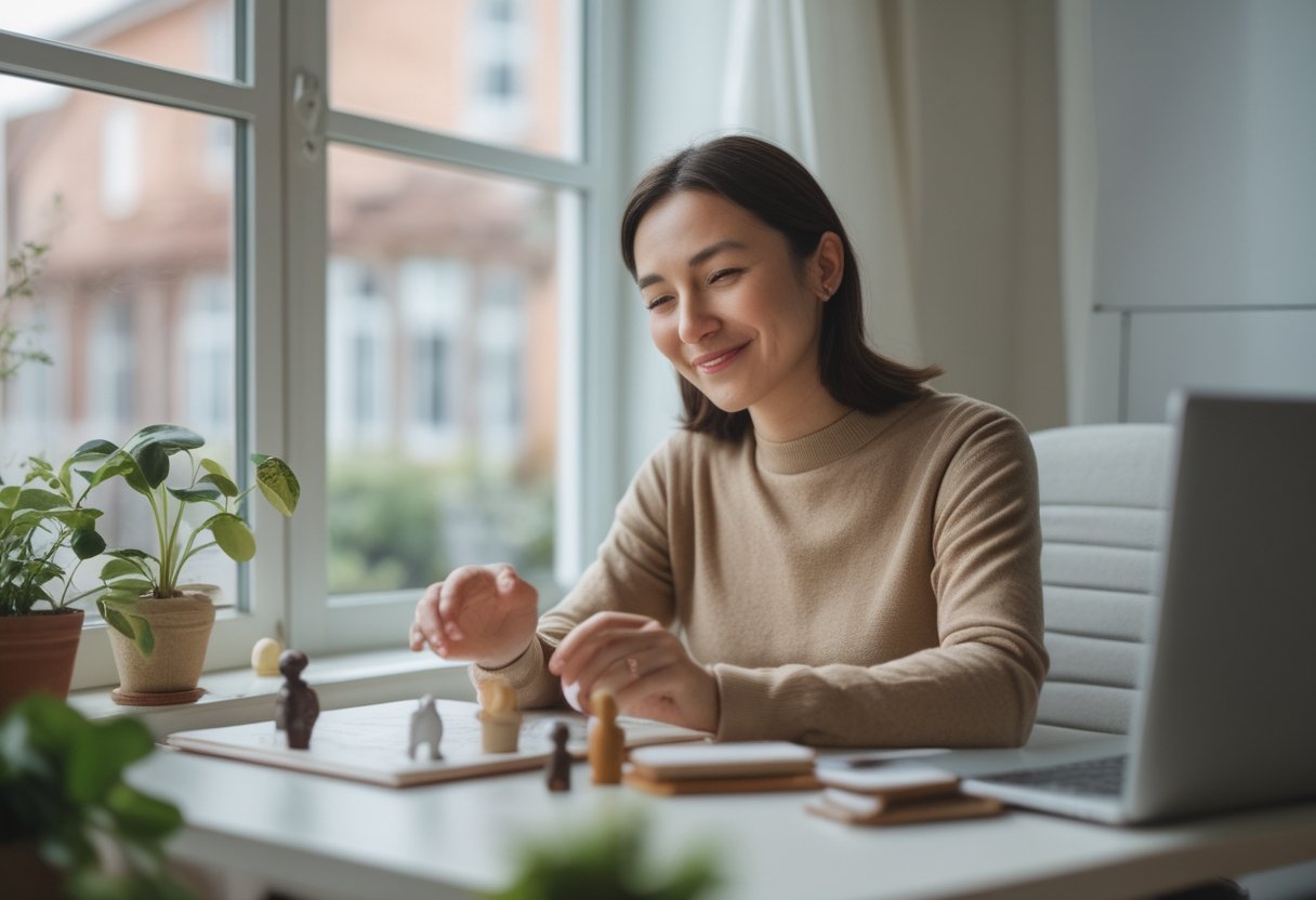 A thoughtful person chooses one of three small objects at a desk.