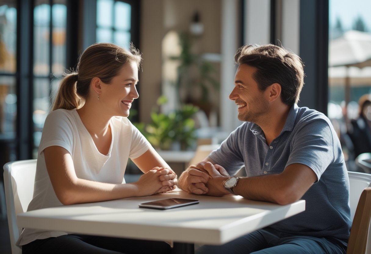 Two loved ones share a relaxed conversation at a table with a phone set aside. How to be happy