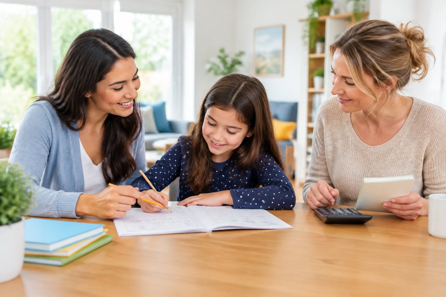 A tutor helps a primary school student with homework while a parent reviews a budget notebook.