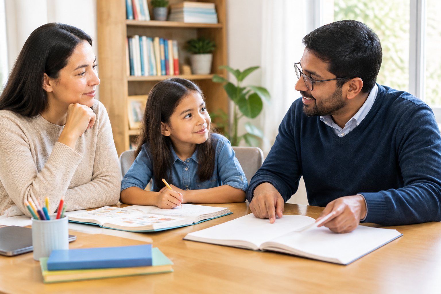 A parent and tutor discuss a child's learning while the child works at a table.