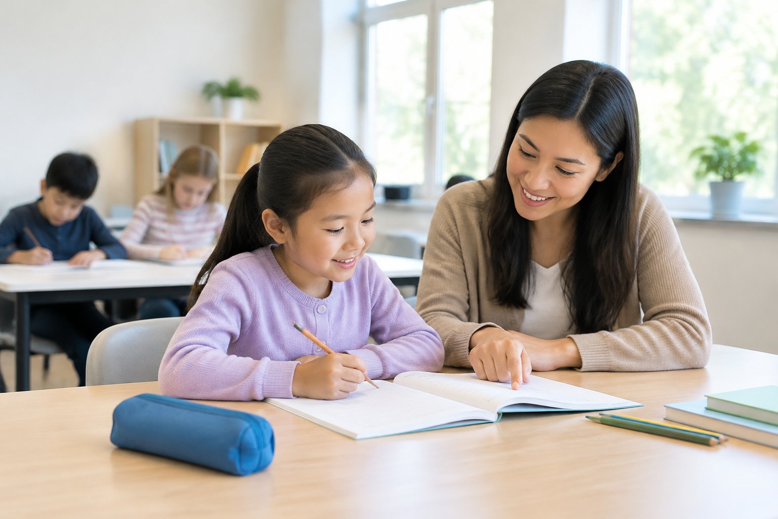 A primary school student studies with a tutor at a tuition centre while other students work nearby.