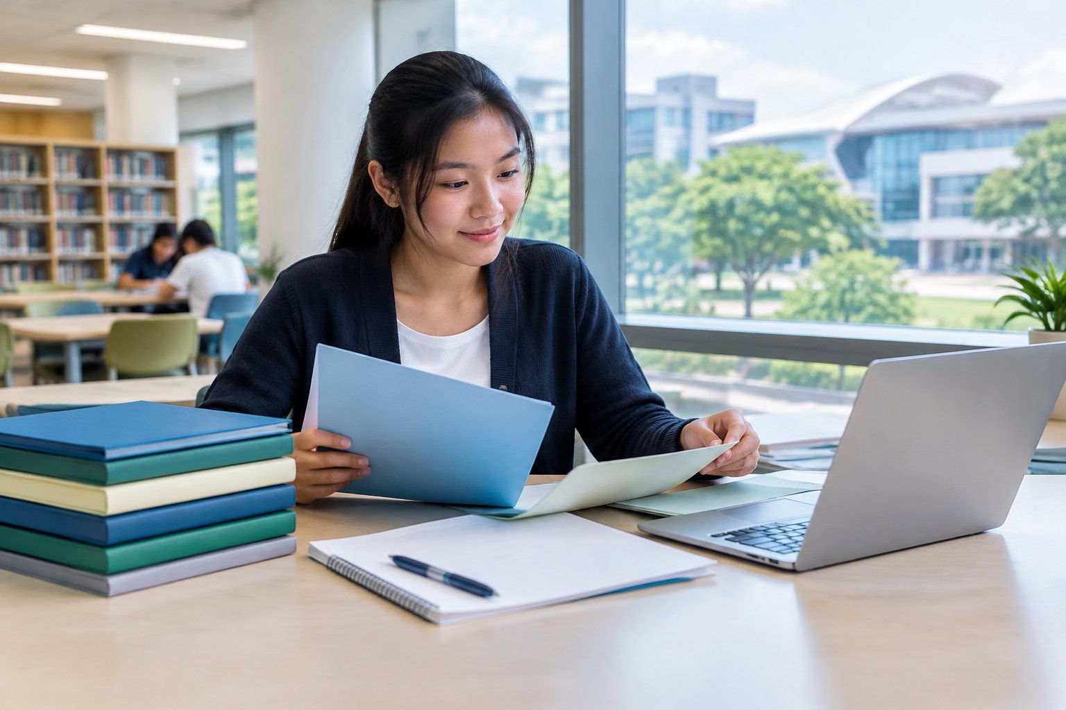 A student reviews scholarship materials at a desk in a school library.