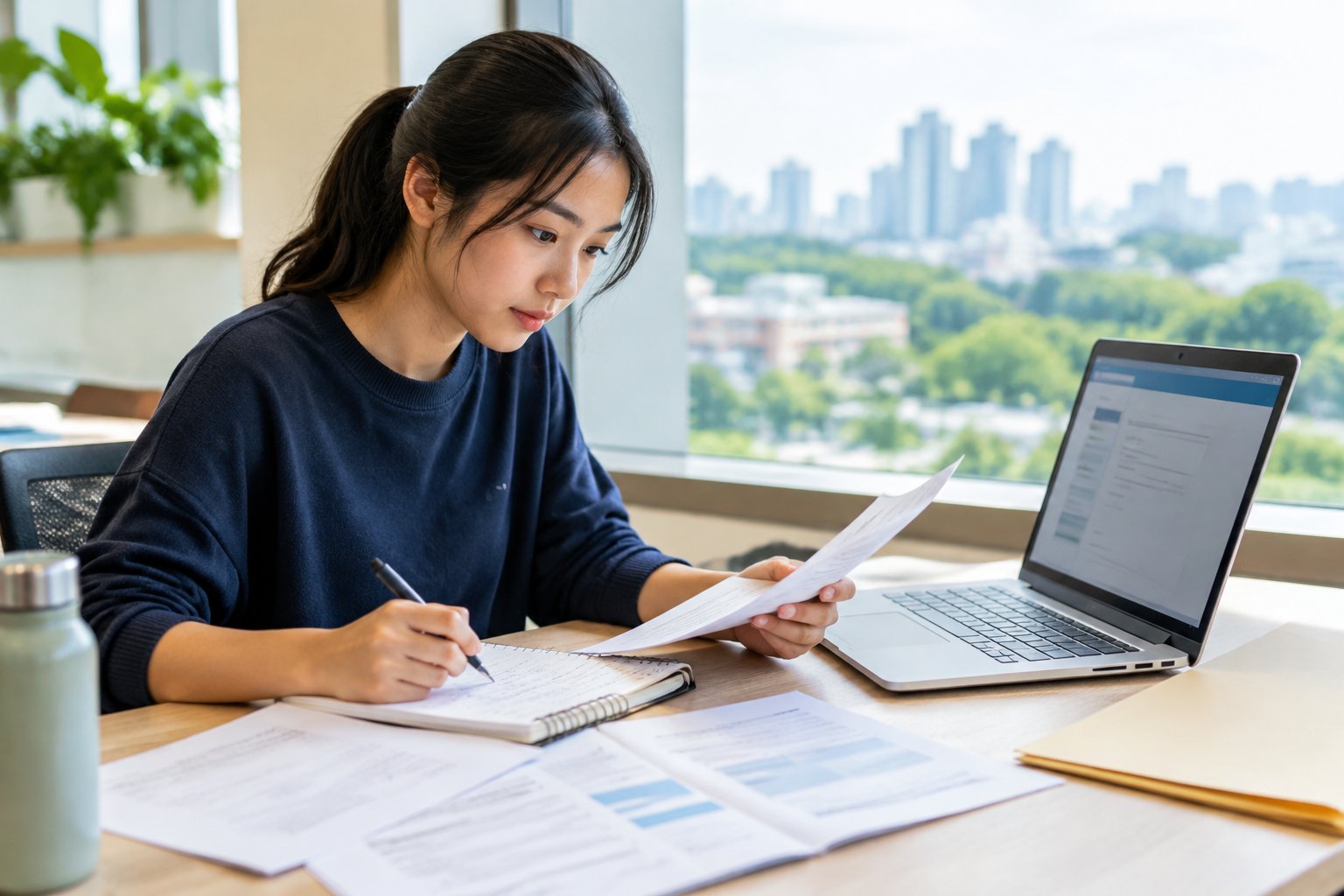 A student reviews scholarship application materials at a desk beside an open laptop.