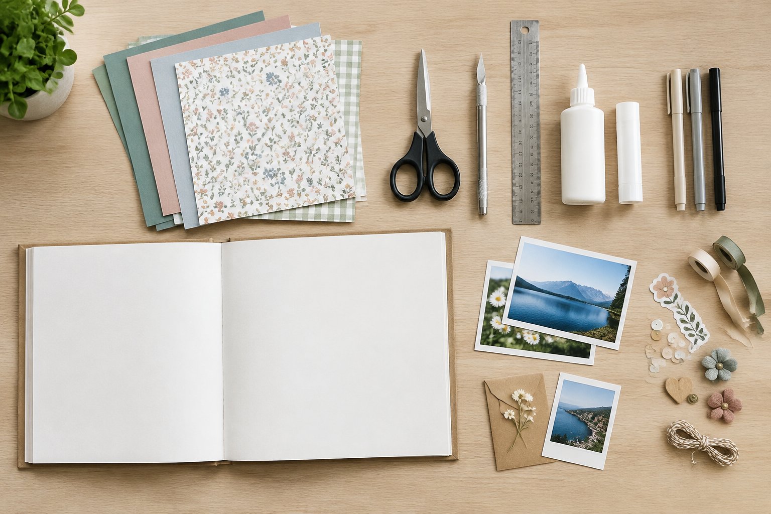 A scrapbook and basic craft supplies arranged on a work surface, with a few decorative items nearby.
