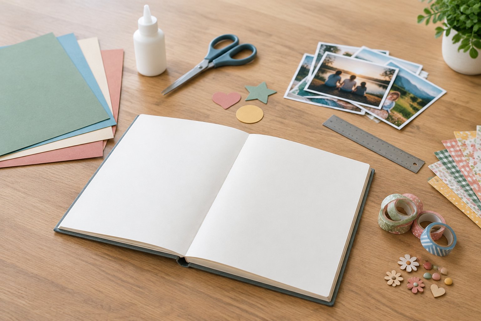 An open scrapbook surrounded by basic crafting supplies and optional decorative materials.