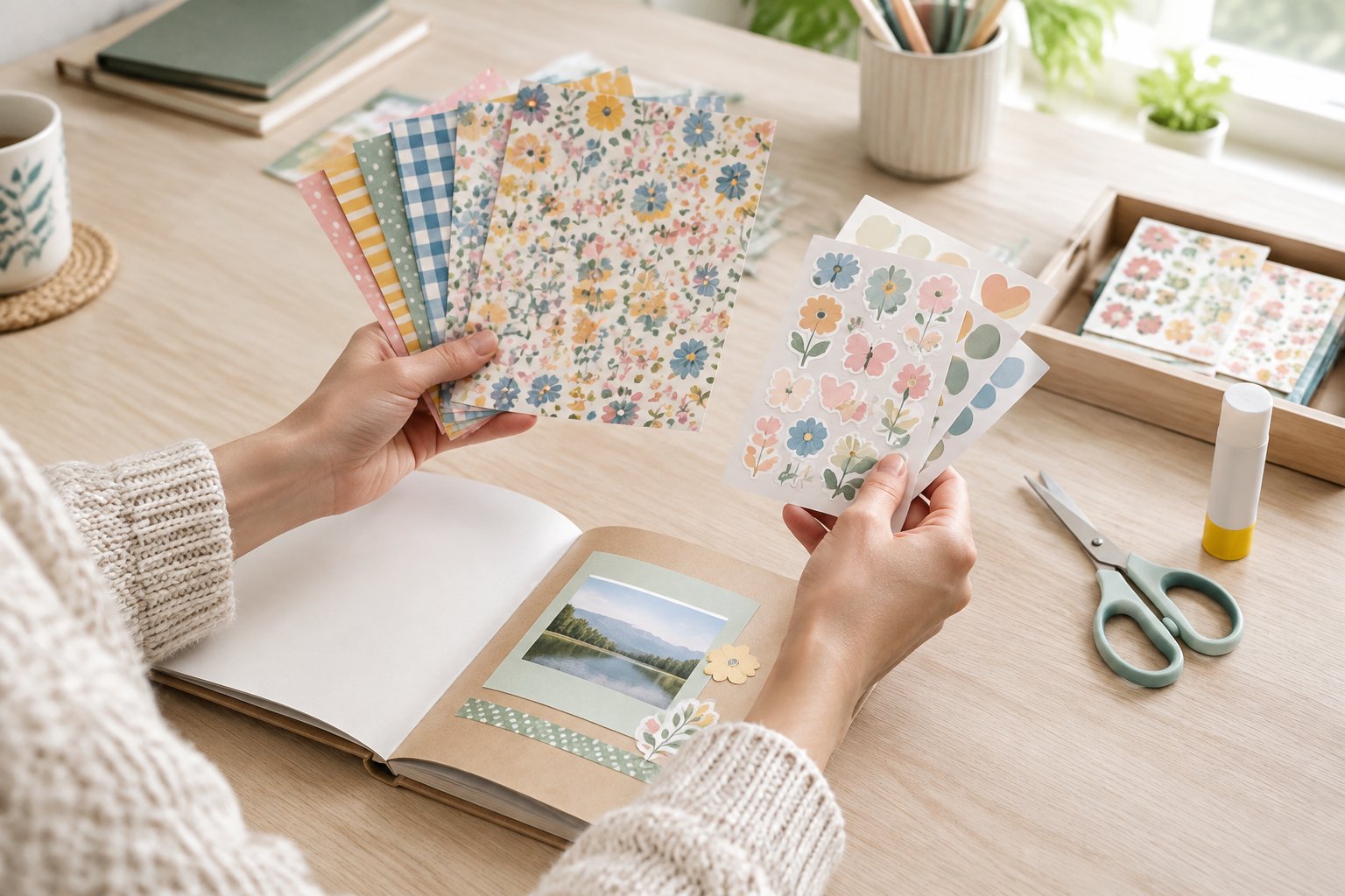 Hands choose a small selection of scrapbook papers and stickers at a tidy craft table.