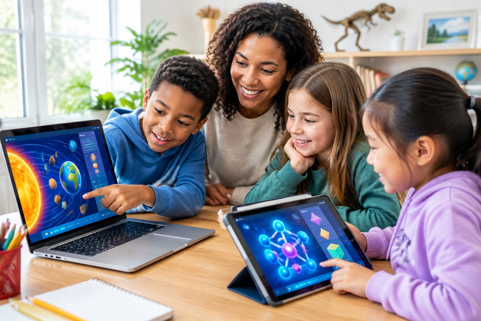 Children explore virtual science exhibits together on a laptop and tablet.