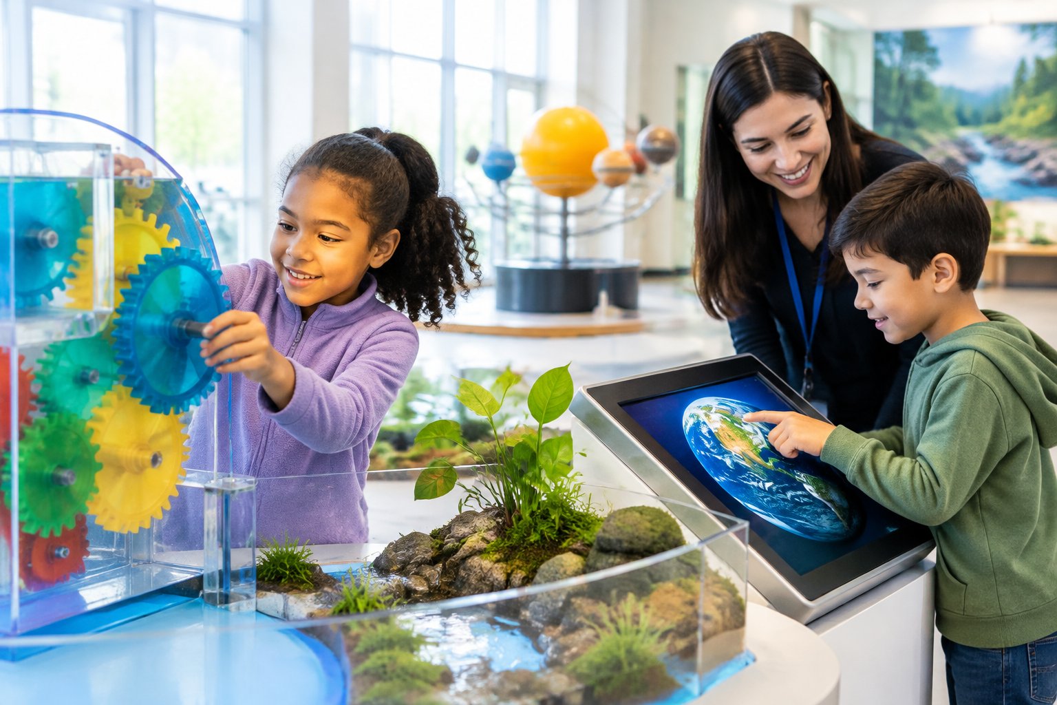 Two children explore hands-on science exhibits in a museum.