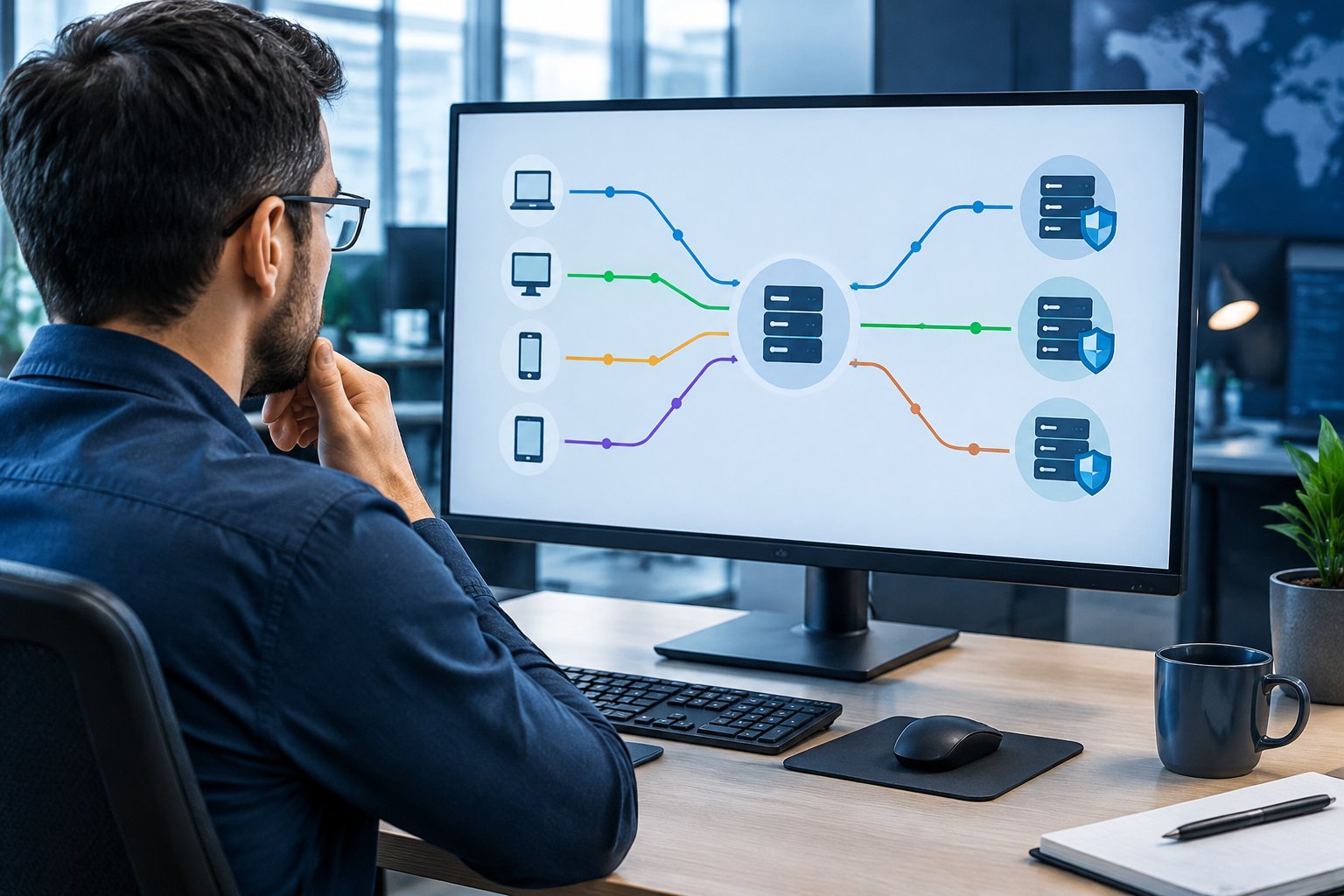 cybersecurity professional reviewing a network diagram of routes through a proxy gateway to web servers