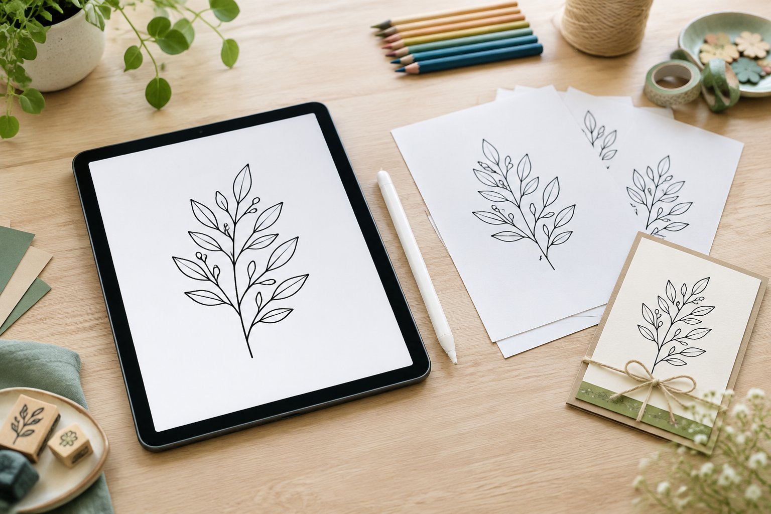 A tablet displaying a leafy illustration beside paper craft supplies.
