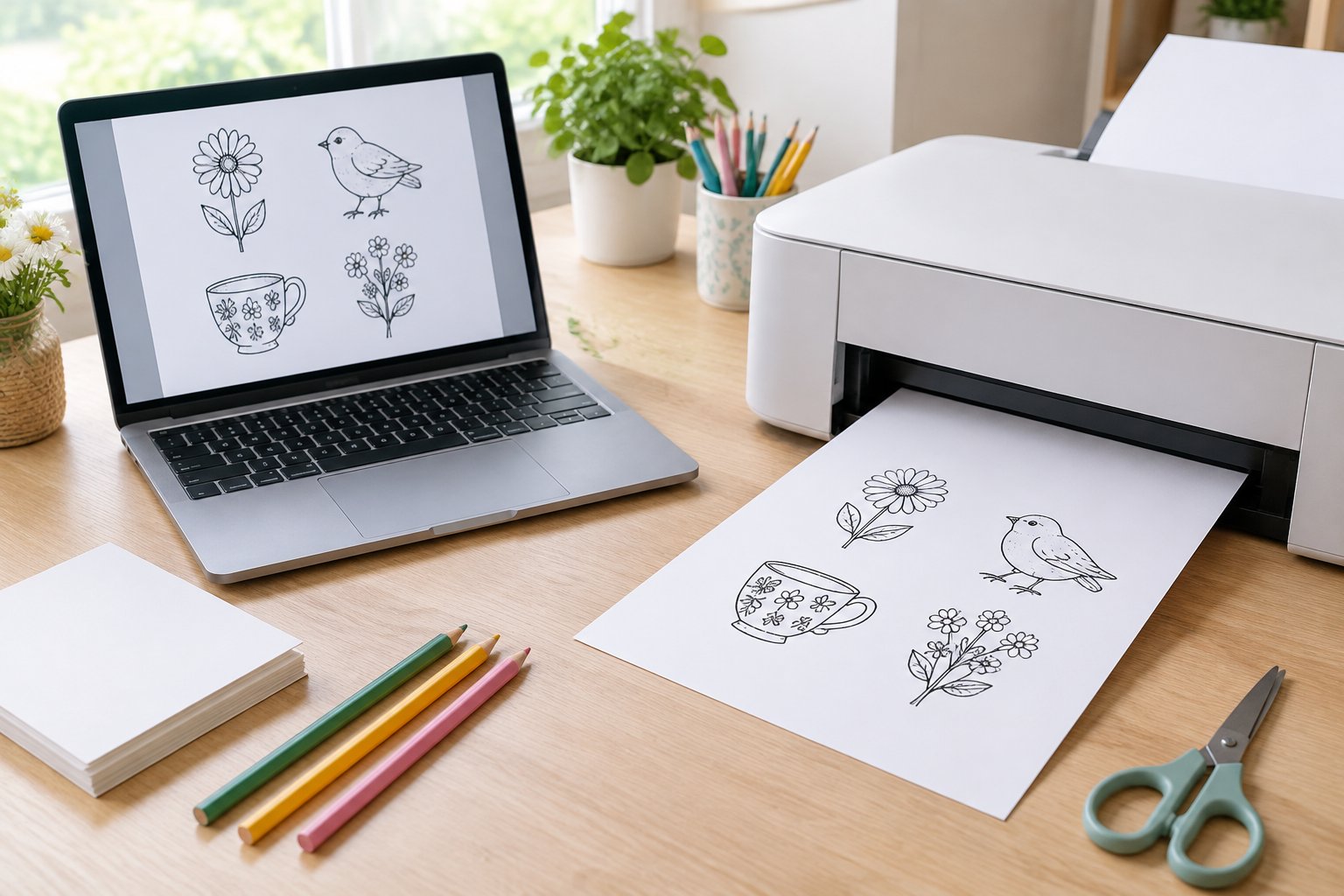 A printer produces illustrated craft designs beside a laptop showing matching artwork.
