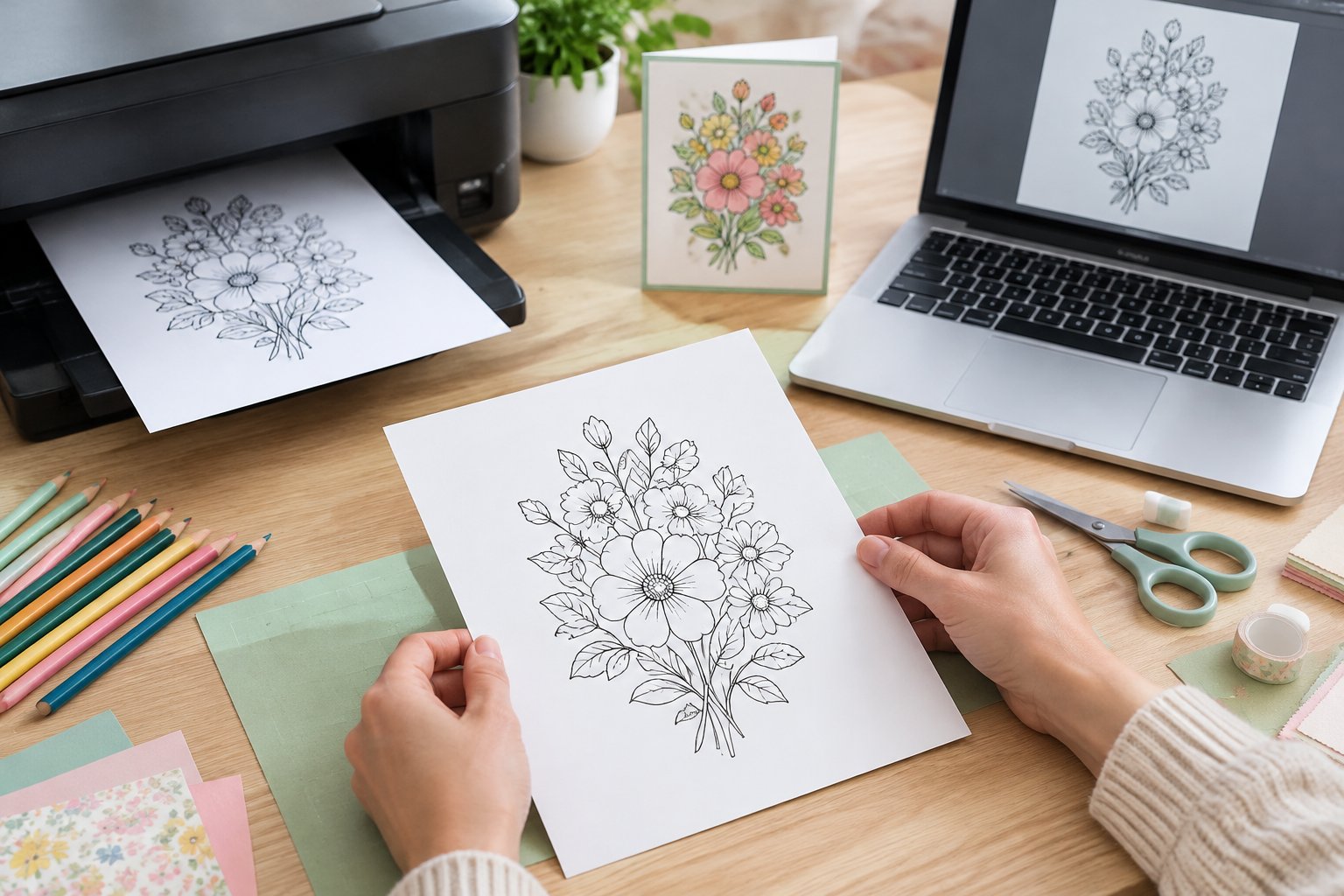 Hands position a printed floral outline on cardstock beside a printer and crafting supplies.