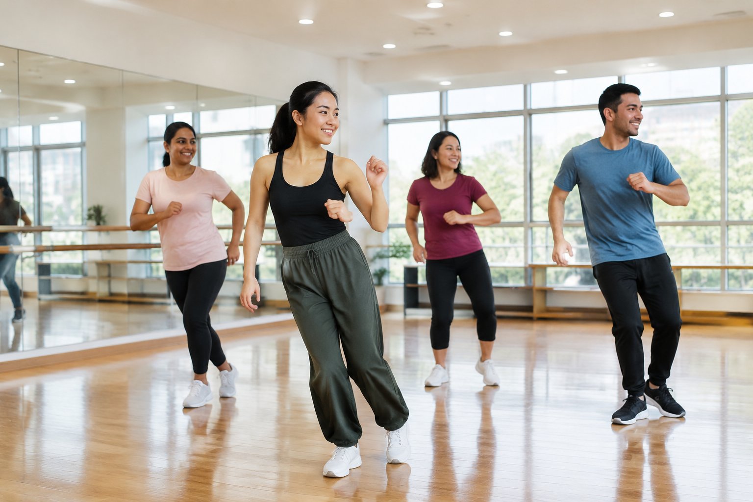 A dance instructor leads a group class in a bright studio.