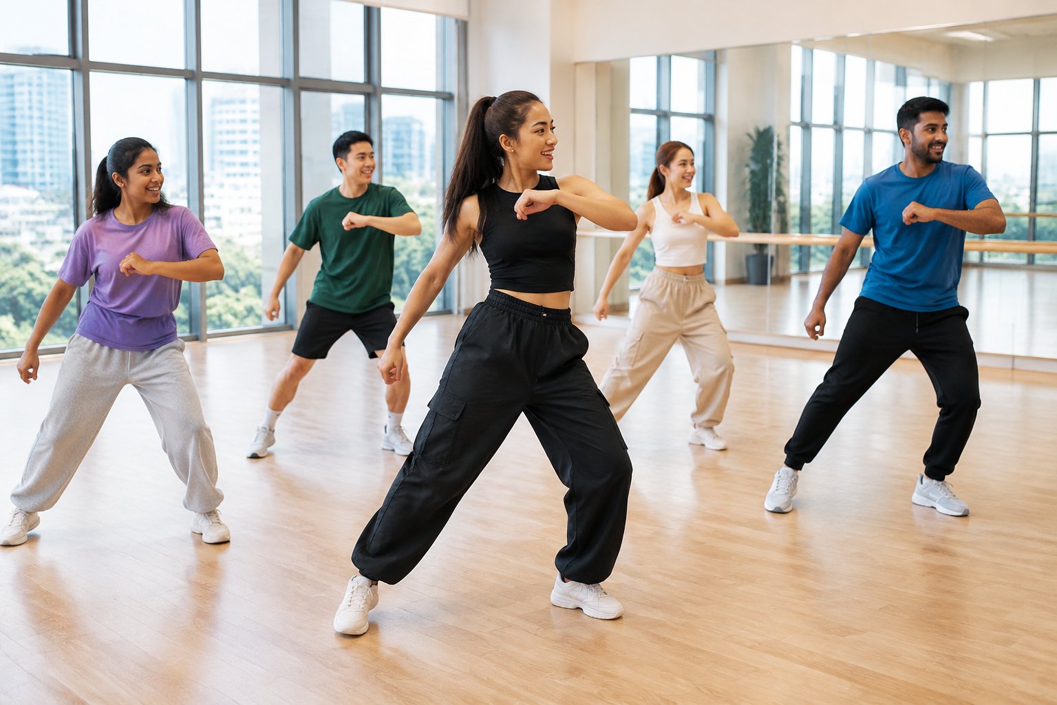 A dance instructor leads a diverse group practicing together in a bright studio.