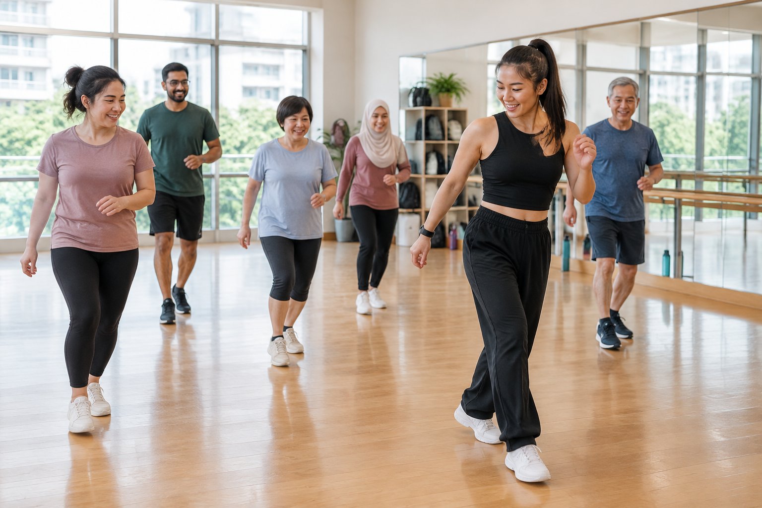 A dance instructor leads a group of adults through a beginner dance lesson.