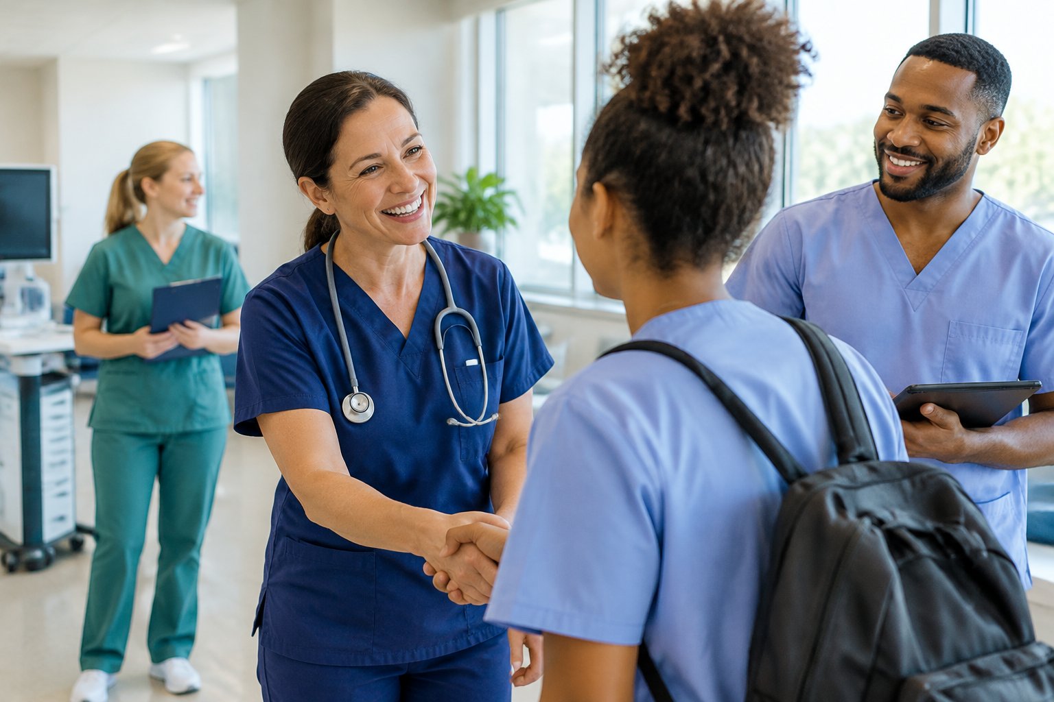 Pflegekräfte begrüßen eine neue Kollegin und arbeiten gemeinsam in einer modernen Gesundheitseinrichtung.