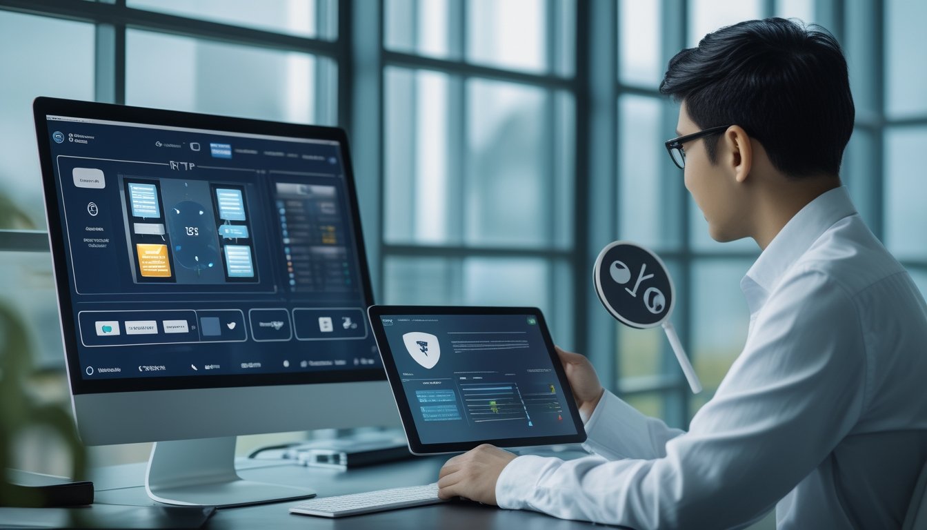 Seorang analis keamanan digital memeriksa grafik dan antarmuka permainan di ruang kerja modern.