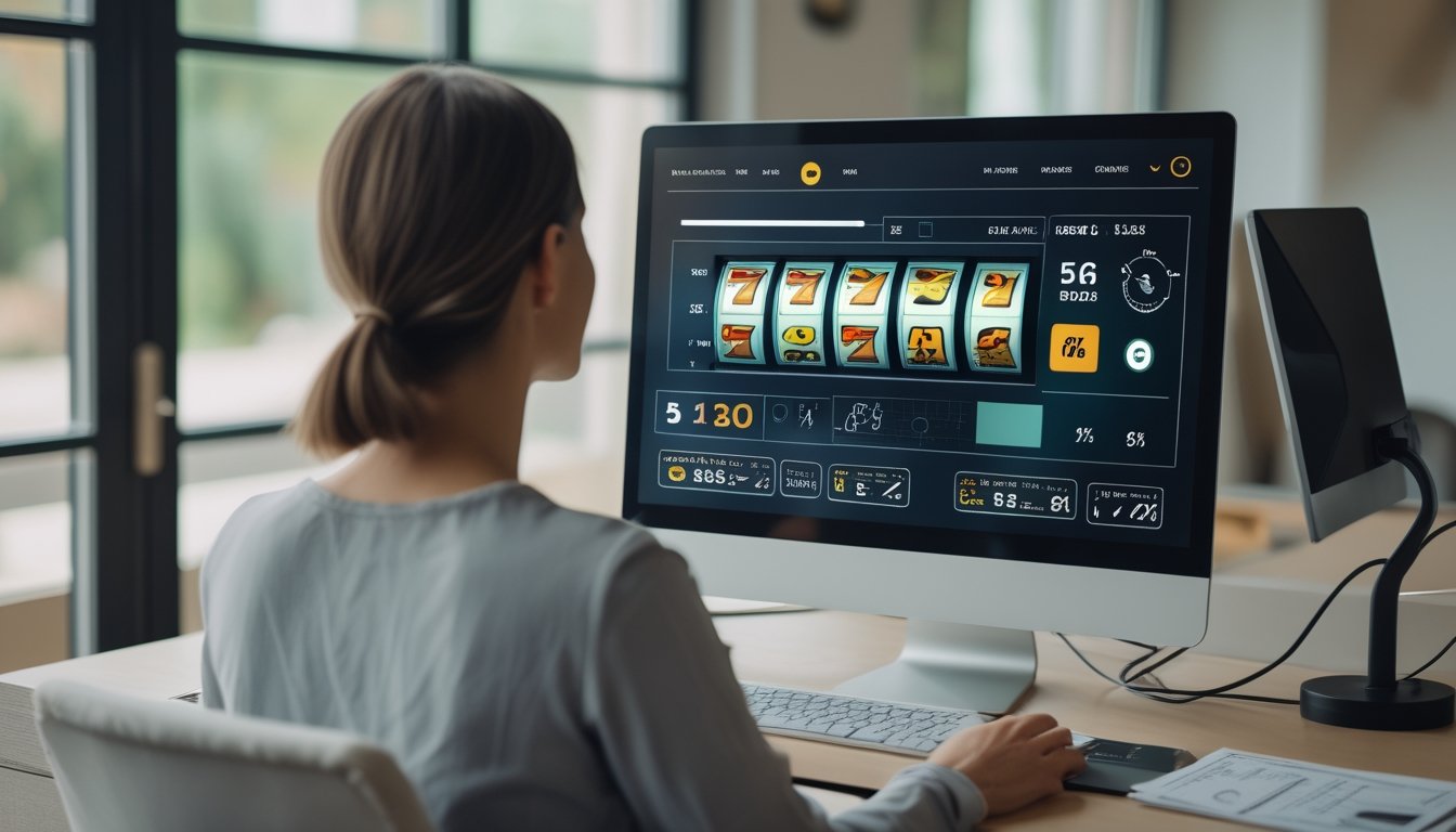 Seseorang meninjau permainan slot digital dan grafik informasi di komputer.