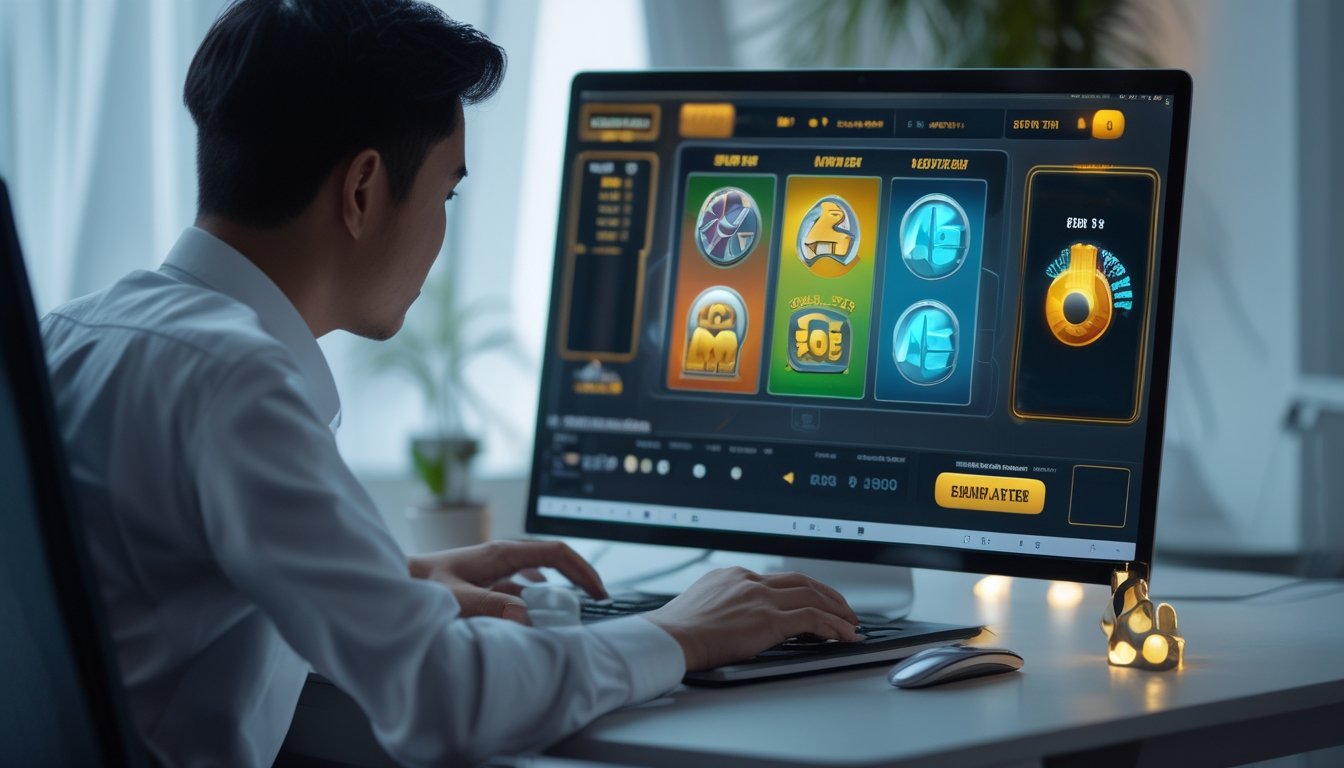 Seorang pemain melihat tampilan permainan slot di laptop.