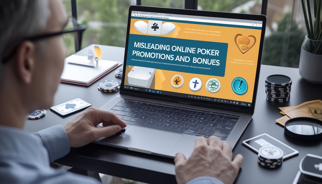 Seseorang memeriksa promosi permainan poker daring di laptop dengan kaca pembesar, kartu, dan keping poker di meja.