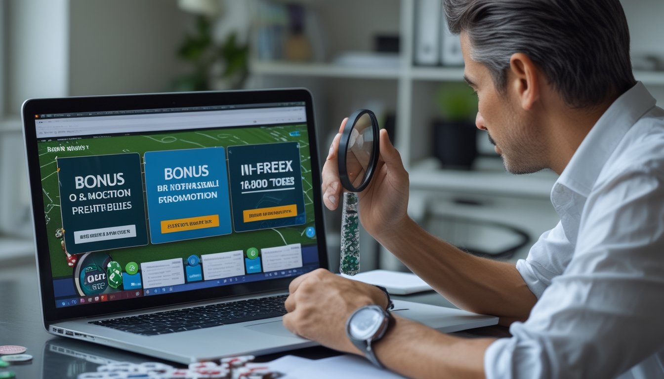 Seseorang memeriksa promosi poker online di laptop dengan sikap cermat.