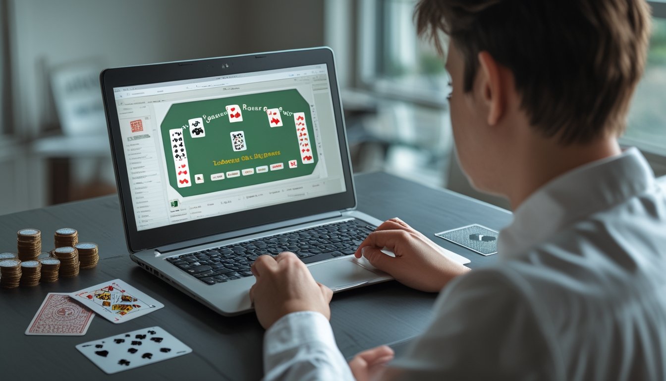 Seorang pemula mempelajari permainan poker di laptop dengan kartu dan keping poker di meja.
