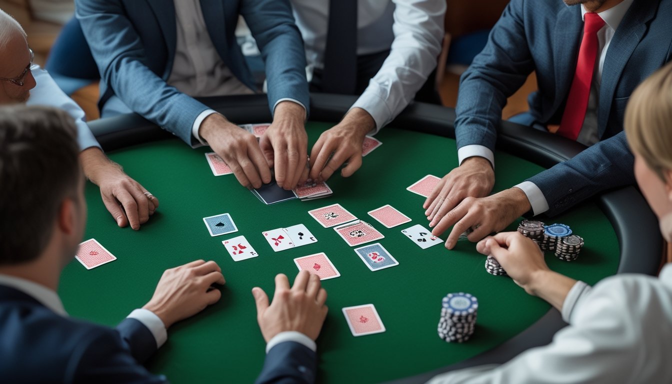 Beberapa orang mempelajari kartu dan keping poker di meja.