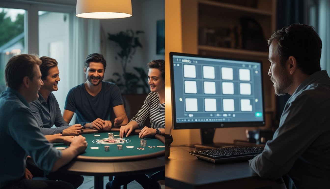 Sekelompok teman bermain poker santai, berdampingan dengan seseorang yang memainkan permainan kartu daring di komputer.