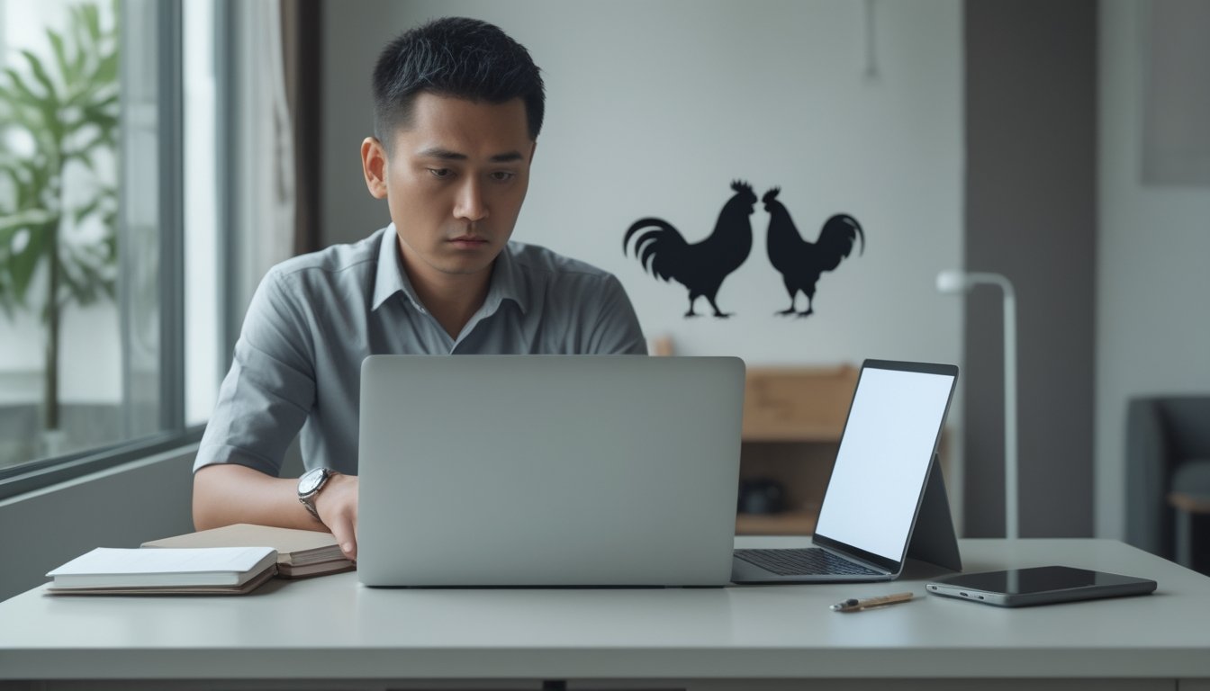 Seseorang meneliti legalitas platform sabung ayam daring di depan laptop.