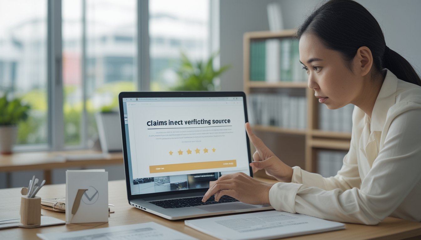 Seorang peneliti membandingkan informasi di laptop dengan dokumen dan catatan.