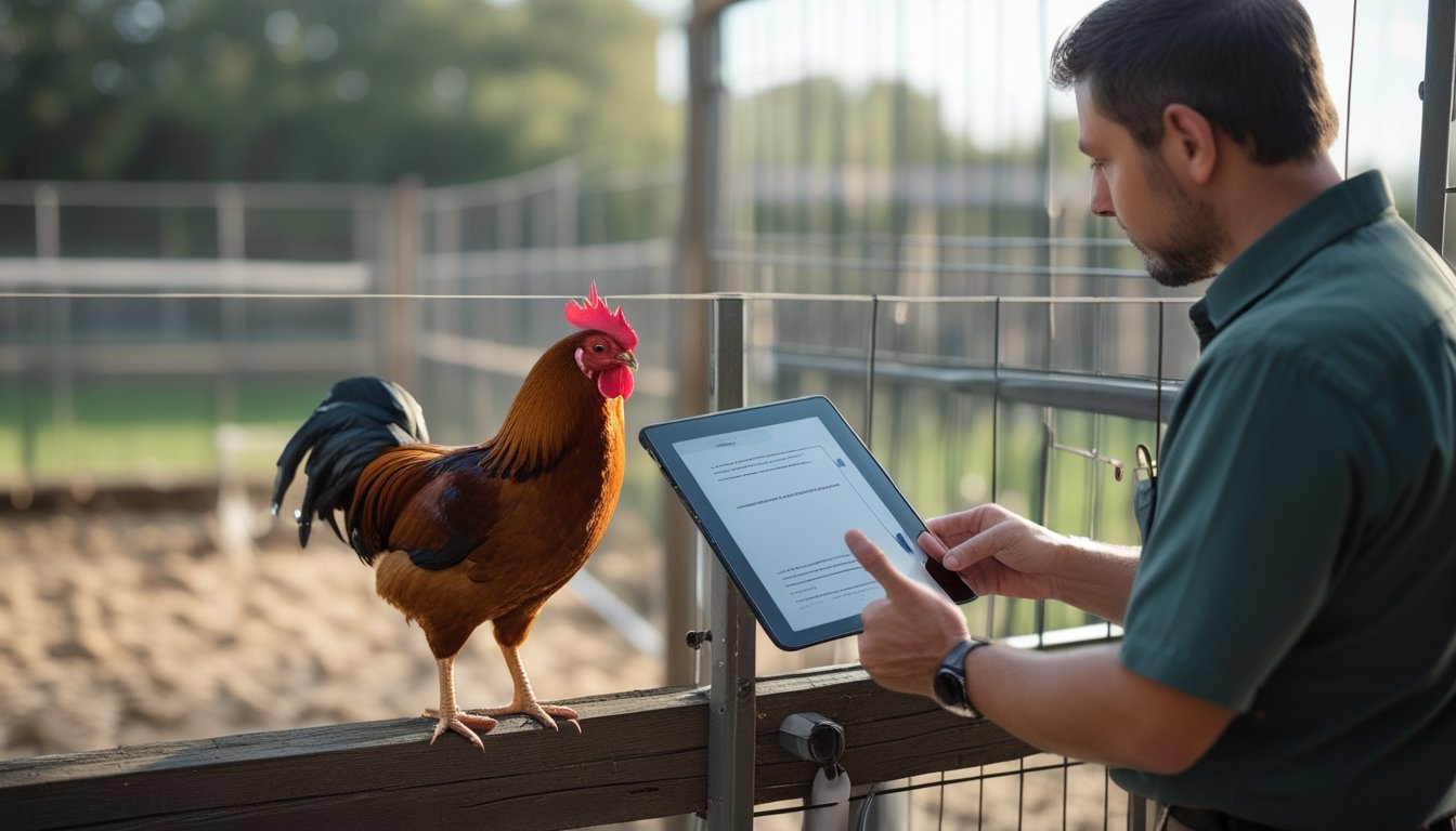 Seekor ayam jantan berdiri di kandang aman sementara seorang petugas memeriksa tablet.